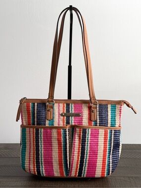 Rosetti Women's Woven Brightly Striped Handbag Tan Satchel Shoulder Bag Pockets